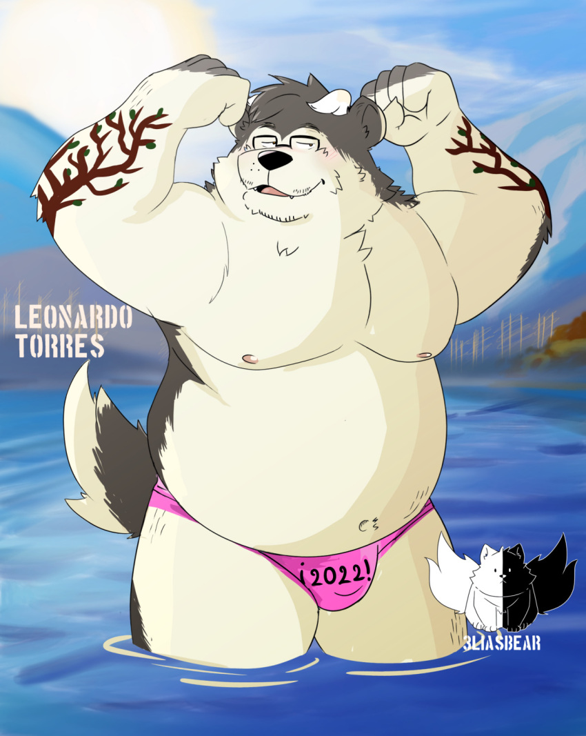 2022 3liasbear anthro belly big_belly black_nose bulge canid canine canis clothing domestic_dog eyewear glasses hi_res humanoid_hands male mammal moobs nipples outside overweight overweight_male solo swimwear water