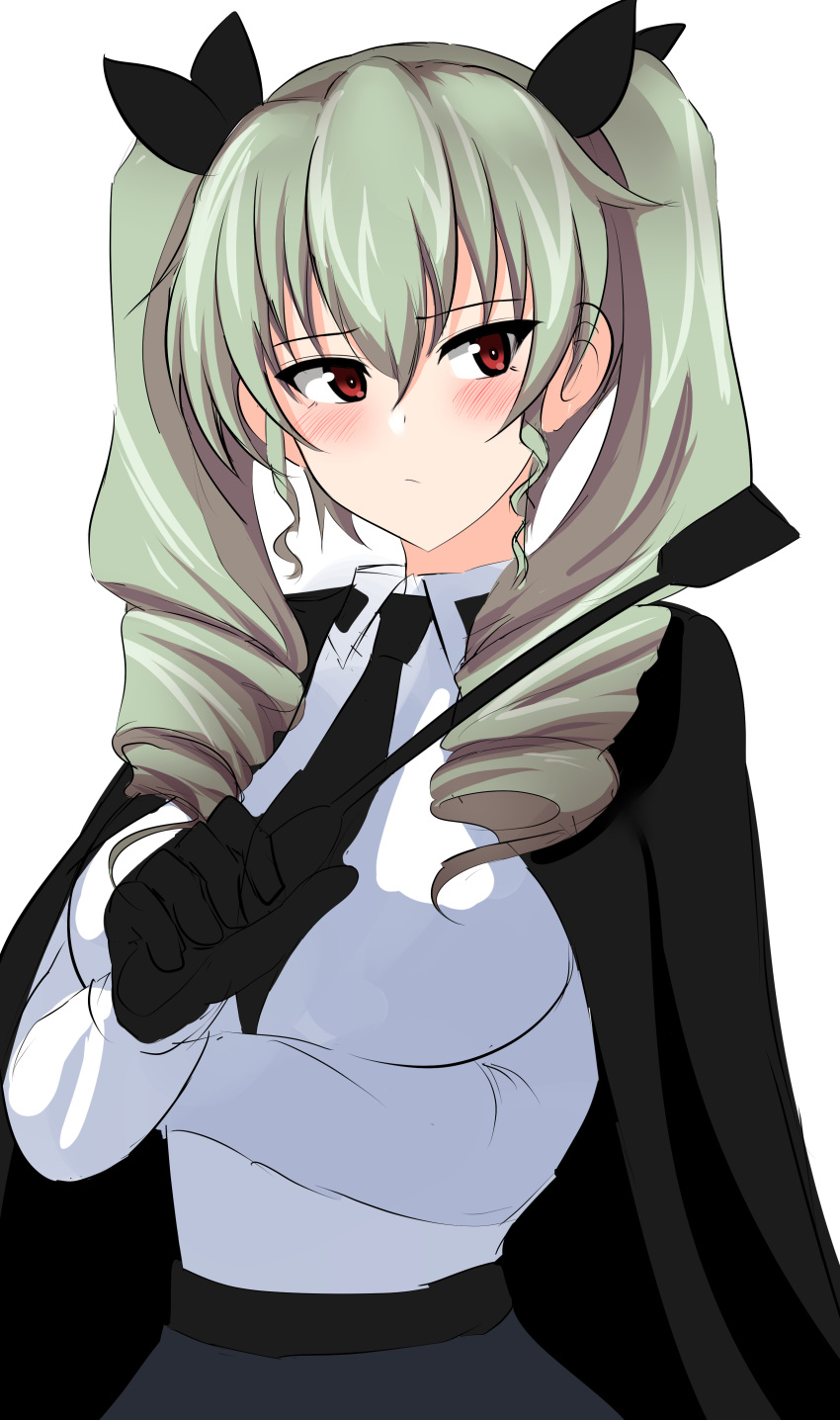 1girl absurdres aikir_(jml5160) anchovy_(girls_und_panzer) anzio_school_uniform bangs black_cape black_gloves black_necktie black_ribbon black_skirt blush cape closed_mouth dress_shirt drill_hair eyebrows_visible_through_hair frown girls_und_panzer gloves green_hair hair_ribbon highres holding long_hair long_sleeves looking_at_viewer necktie red_eyes ribbon school_uniform shirt simple_background skirt solo twin_drills twintails upper_body white_background white_shirt wing_collar