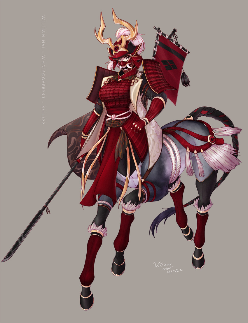 1girl arm_guards armor artist_name banner braided_tail centaur commission dated deviantart_username drawing gloves grey_background grey_fur highres hooves horse_tail japanese_armor looking_at_viewer mask mouth_mask original polearm ronin samurai signature solo spear tail taur weapon weapon_request wmdiscovery