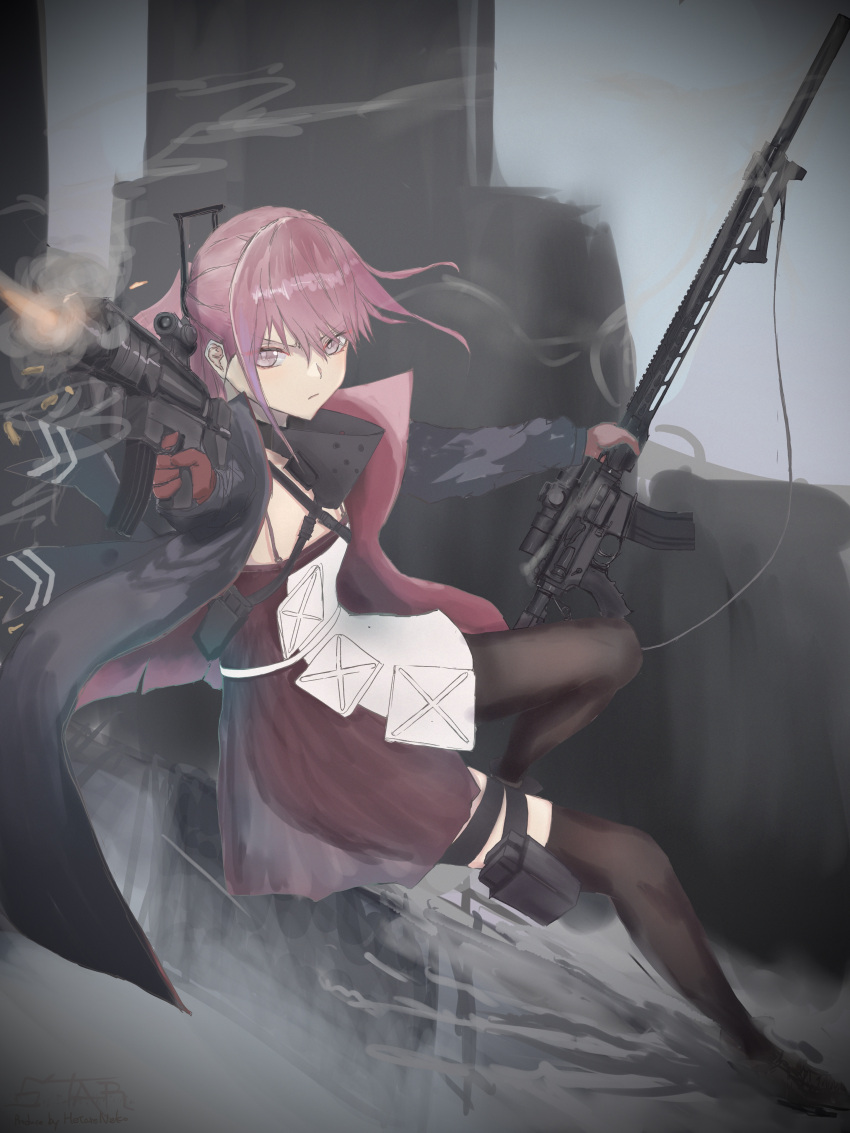 absurdres ar-15 artist_name assault_rifle asymmetrical_legwear bangs black_footwear black_jacket black_legwear breasts character_name closed_mouth commentary_request dress eyebrows_visible_through_hair firing girls'_frontline gloves gun hair_ornament hairclip hetare_galm_sue highres holding holding_weapon holster jacket long_hair long_jacket looking_away mask mod3_(girls'_frontline) mouth_mask multiple_weapons muzzle muzzle_flash outdoors pink_dress pink_hair ponytail purple_eyes red_gloves rifle serious shoes sidelocks single_thighhigh slide small_breasts st_ar-15_(girls'_frontline) thigh_pouch thighhighs weapon