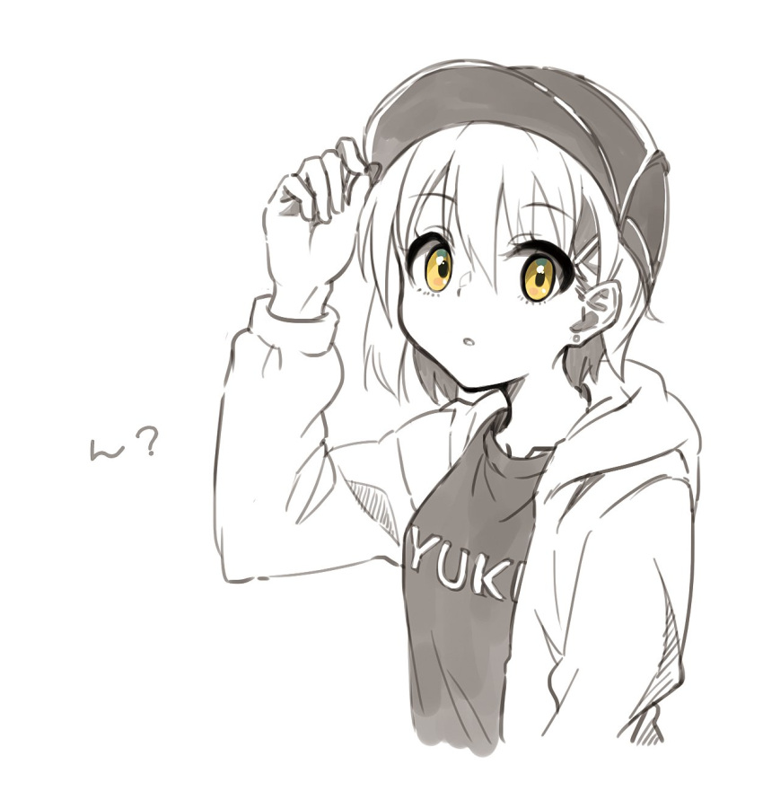 1girl bangs baseball_cap casual hair_between_eyes hat highres hood hoodie long_sleeves looking_at_viewer monochrome nagato_yuki nanabuluku shirt short_hair solo spot_color suzumiya_haruhi_no_yuuutsu upper_body yellow_eyes