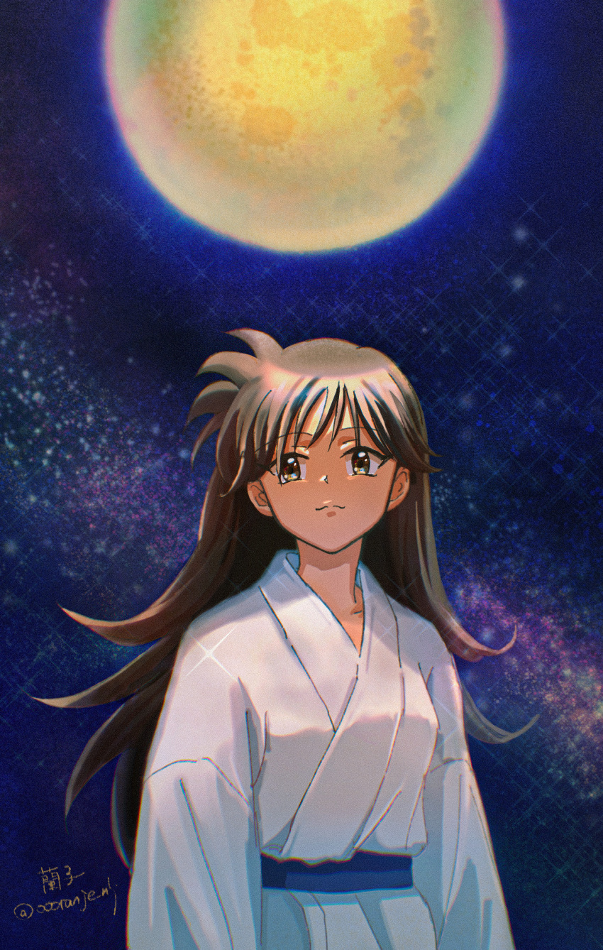 1girl bangs black_hair brown_eyes han'you_no_yashahime highres inuyasha japanese_clothes kimono long_hair long_sleeves moon night night_sky oooranje_nlj rin_(inuyasha) sky smile solo twitter_username upper_body white_kimono