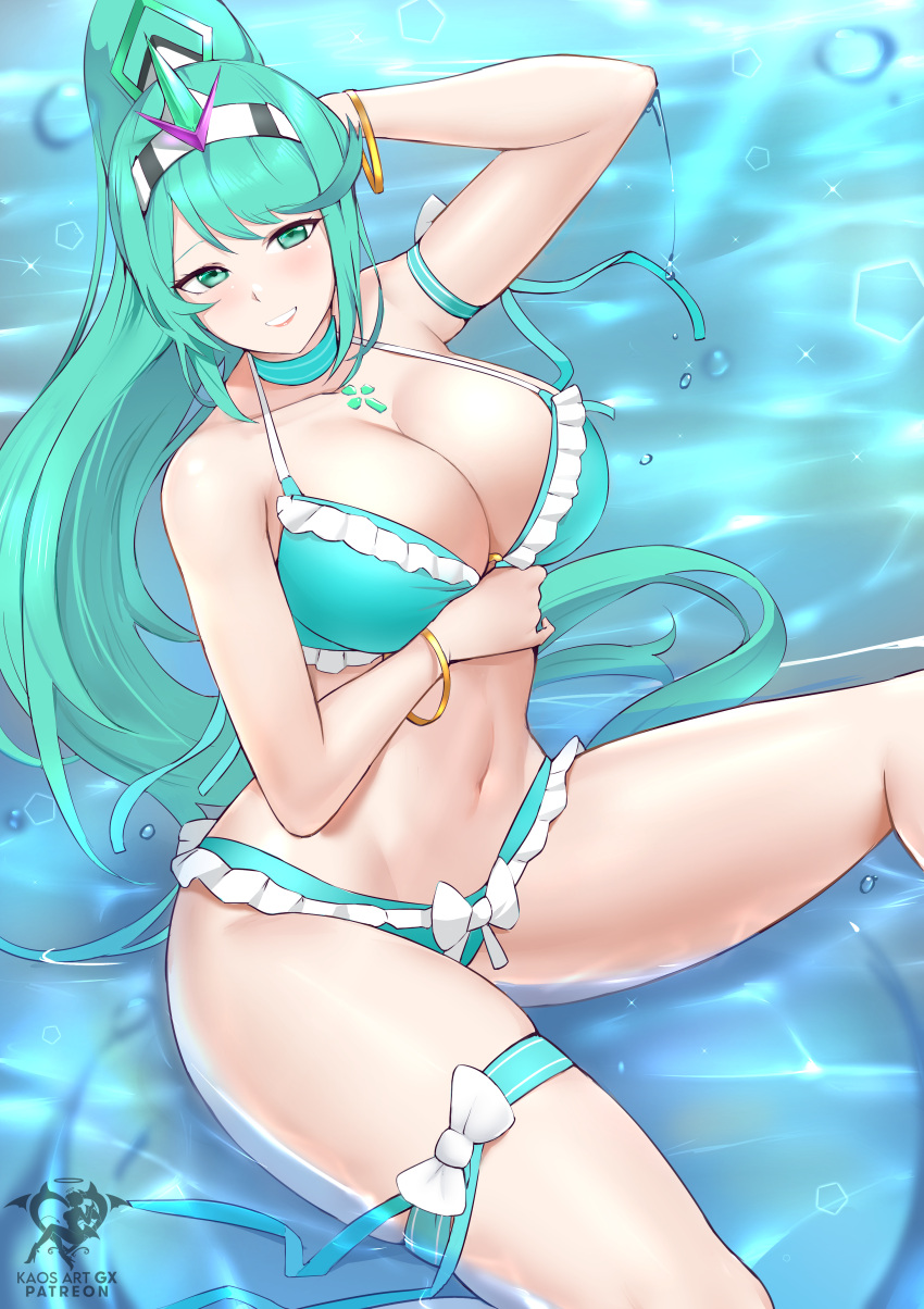 1girl absurdres arm_strap arm_under_breasts armband artist_name bangs bikini bracelet breasts cleavage collar collarbone frilled_bikini frills green_eyes green_hair green_swimsuit hair_ornament highres in_water jewelry kaos_art large_breasts long_hair looking_at_viewer navel pneuma_(xenoblade) ponytail signature sitting solo stomach swept_bangs swimsuit thigh_strap water xenoblade_chronicles_(series) xenoblade_chronicles_2