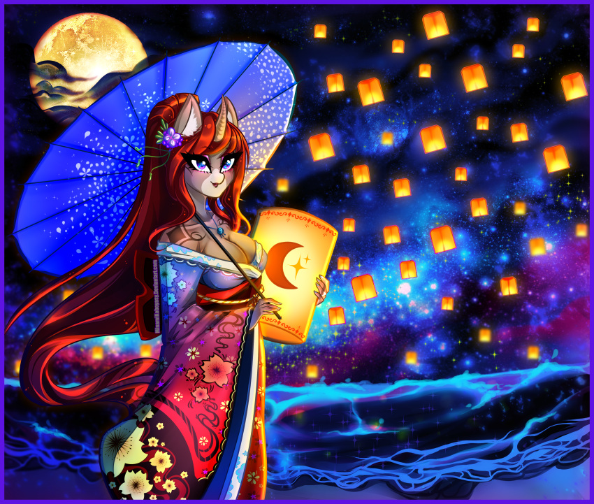 absurd_res accessory anthro asian_clothing beach blue_border blush border breasts cleavage clothed clothing cloud coat_markings cosmic_background east_asian_clothing equid equine fan_character female floating flower flower_in_hair flowing_hair flowing_mane full_moon hair hair_accessory hi_res horn inner_ear_fluff japanese_clothing jewelry kimono lamp lantern long_hair lunar_new_year mammal markings minamikoboyasy moon necklace plant plantigrade seaside selune_darkeye sky smile snip_(marking) solo solo_focus star starry_background starry_sky tuft umbrella unicorn wave