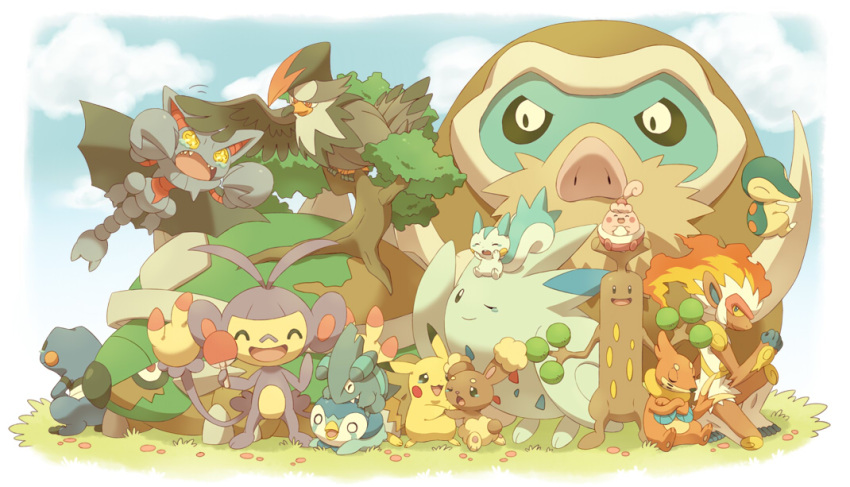 2010 absolutely_everyone ambiguous_gender ambipom anthro bite blue_sky bodily_fluids border buizel buneary croagunk crying cyndaquil eyes_closed feral gible gliscor grass group hand_holding happiny headpat infernape large_group looking_away mamoswine mugita_konomi nintendo pachirisu pikachu piplup plant pok&eacute;mon pok&eacute;mon_(species) sitting_on_head size_difference sky staraptor sudowoodo table_tennis_paddle tears togekiss torterra video_games white_border