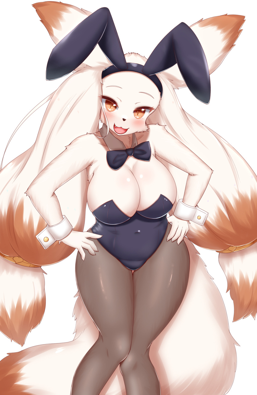 anthro big_breasts blush breasts canid canine clothed clothing female fox fur hair hi_res horokusa0519 looking_at_viewer mammal renard_(homura_kasuka) smile solo white_body white_fur