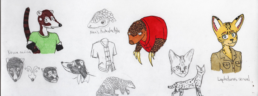 absurd_res asian_clothing chinese_clothing clothing coati east_asian_clothing efradraws felid feline female group hi_res male male/female mammal marker_(artwork) pangolin procyonid serval sketch sketch_page traditional_media_(artwork) trio