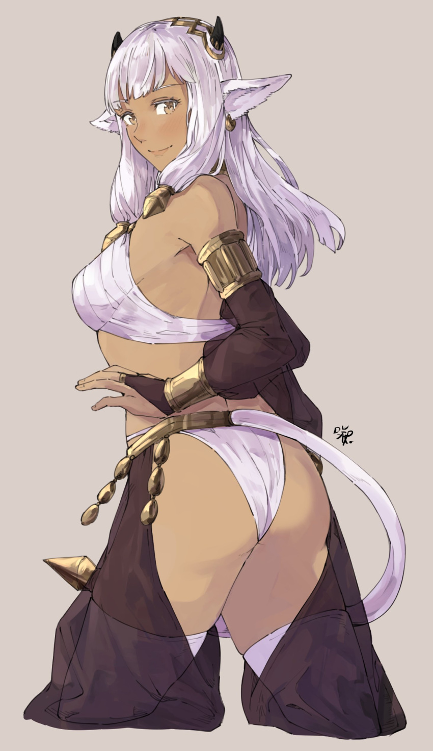 1girl absurdres alternate_costume animal_ears ash_(fire_emblem) ass black_horns blush bridal_gauntlets brown_eyes closed_mouth commentary cosplay cow_ears cow_girl cow_horns cow_tail cropped_legs dark-skinned_female dark_skin detached_sleeves ear_piercing english_commentary eyebrows_visible_through_hair fire_emblem fire_emblem_awakening fire_emblem_heroes grey_background hair_ornament harem_pants highres horns jewelry long_hair looking_at_viewer midriff olivia_(fire_emblem) olivia_(fire_emblem)_(cosplay) pants piercing revealing_clothes sakuremi see-through see-through_sleeves sidelocks signature simple_background smile solo tail tiara white_hair white_legwear