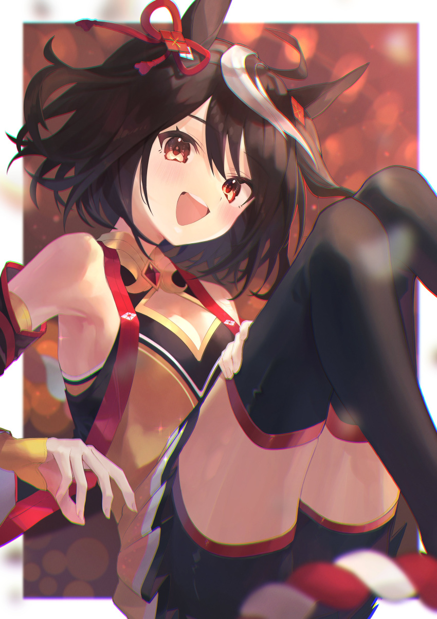 1girl absurdres animal_ears bangs black_hair blush breasts cleavage ear_ornament eyebrows_visible_through_hair highres horse_ears horse_girl kaoswald kitasan_black_(umamusume) long_hair looking_at_viewer multicolored_hair open_mouth smile solo streaked_hair thighhighs umamusume