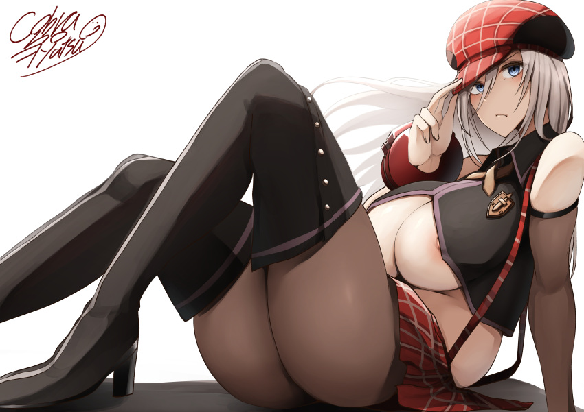 1girl absurdres alisa_ilinichina_amiella bare_shoulders black_footwear black_legwear blue_eyes boots breasts closed_mouth cobra_no_oyatsu commentary commentary_request god_eater god_eater_burst grey_hair hair_between_eyes hat high_heels highres knees_up large_breasts long_hair looking_at_viewer nipple_slip nipples pantyhose red_headwear red_skirt signature sitting skirt thigh_boots thighhighs white_background