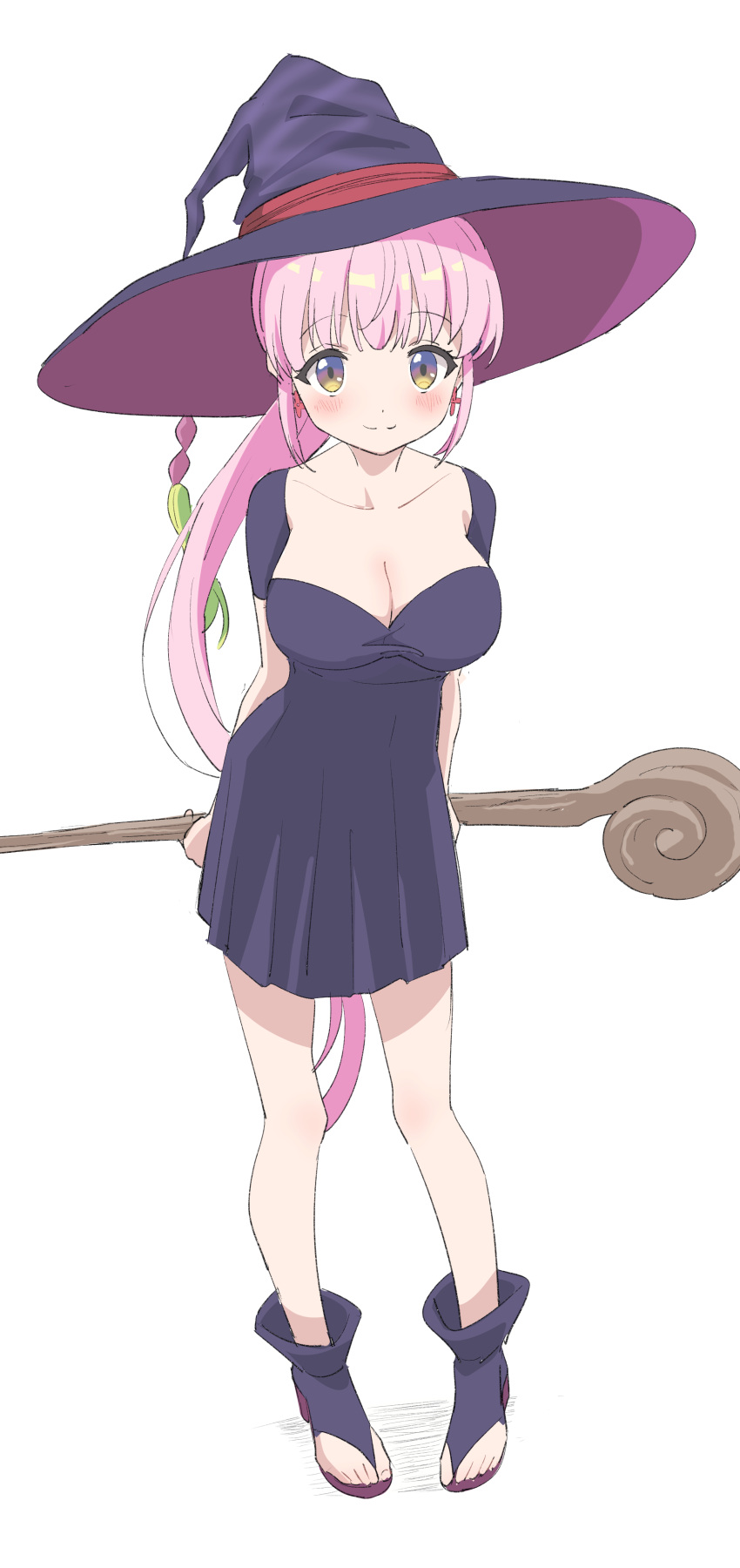 1girl absurdres bangs black_dress black_headwear blush breasts cleavage collarbone dress earrings full_body hat highres jewelry kazairo_kotone large_breasts long_hair looking_at_viewer pink_hair ponytail rpg_fudousan sandals simple_background sincos smile solo staff white_background witch witch_hat