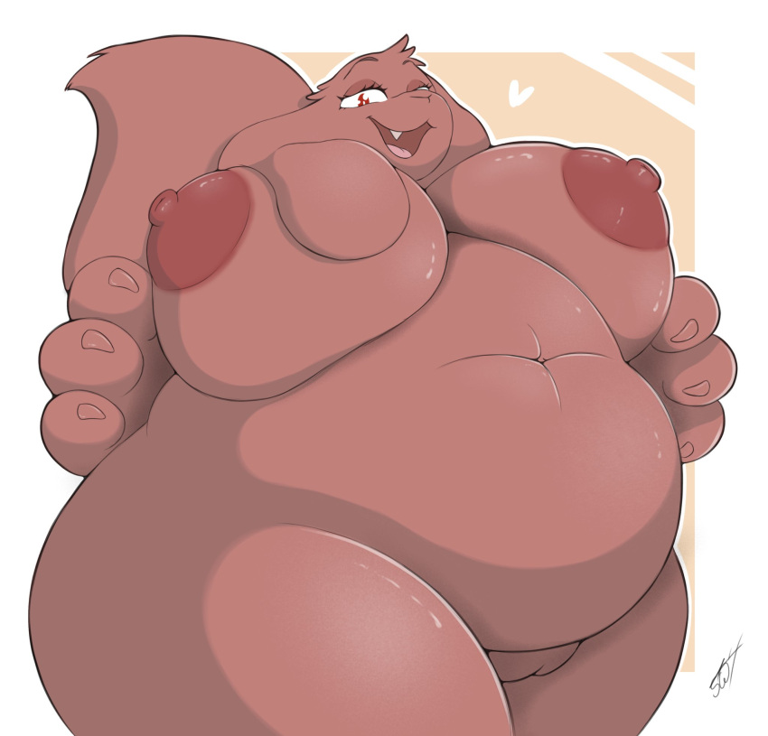 &lt;3 anthro big_breasts breasts canid canine canis claws domestic_dog fangs female genitals hi_res huge_breasts huge_hands long_ears looking_at_viewer looking_down mammal navel open_mouth overweight pussy smile solo swolptr thick_thighs tongue