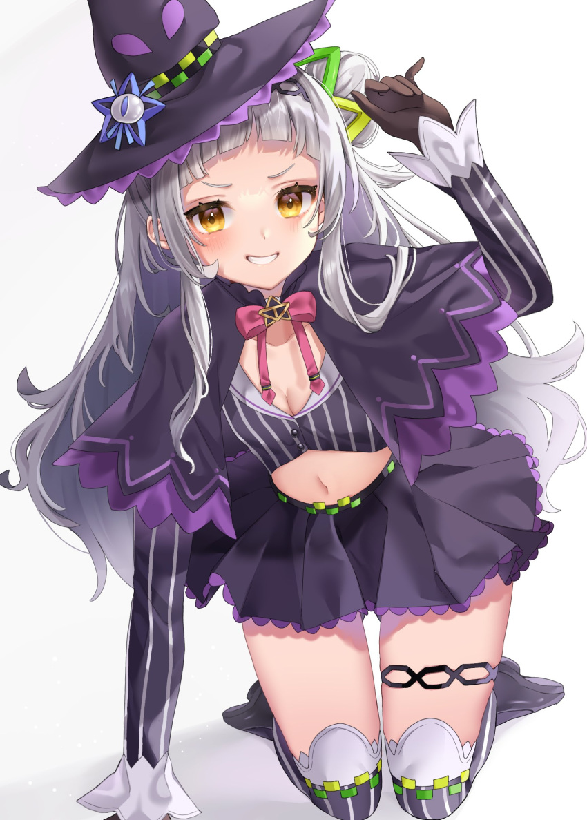 1girl absurdres all_fours bangs black_capelet black_headwear black_shirt black_skirt black_vest blush brown_gloves capelet crop_top full_body gloves grey_hair grin hair_bun hair_ornament hat highres hololive long_hair long_sleeves looking_at_viewer midriff miniskirt murasaki_shion navel nichino shirt shoes simple_background skirt smile solo striped striped_legwear striped_shirt thigh_strap thighhighs v-shaped_eyebrows vertical-striped_legwear vertical-striped_shirt vertical_stripes very_long_hair vest virtual_youtuber white_background witch_hat yellow_eyes