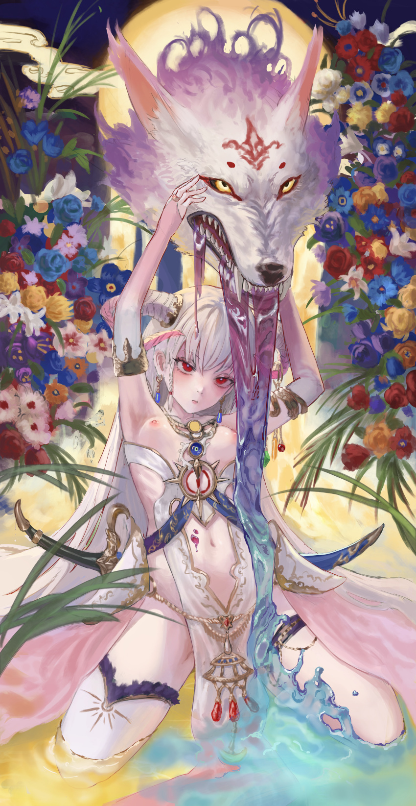 1girl absurdres animal_head arms_up bangs breasts earrings flower gold_can highres holding_head horns jewelry long_hair navel nipples original parted_lips pelvic_curtain red_eyes revealing_clothes single_thighhigh sitting sketch small_breasts solo sword thigh_strap thighhighs very_long_hair wariza water weapon white_hair white_legwear wolf_head