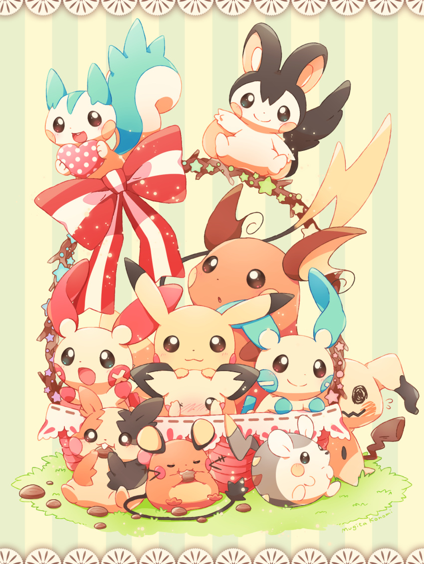 ambiguous_gender basket blush bow_ribbon container covering covering_face dedenne eating emolga feral group hi_res in_basket mammal mimikyu minun morpeko morpeko_(full_belly_mode) mugita_konomi nintendo pachirisu pattern_background pichu pikachu plusle pok&eacute;mon pok&eacute;mon_(species) raichu rodent signature simple_background striped_background togedemaru video_games