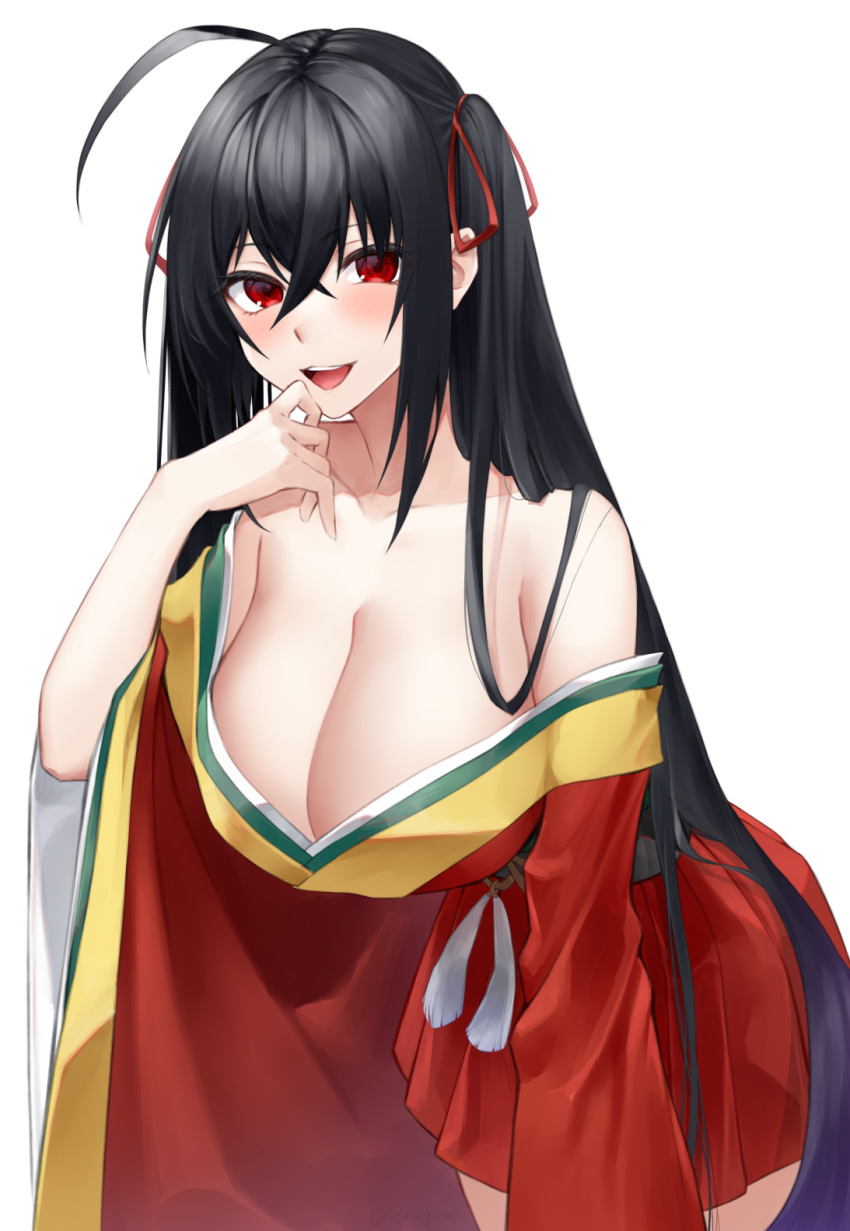 1girl :d ahoge azur_lane black_hair blush breasts cleavage collarbone hair_ribbon highres huge_breasts japanese_clothes kimono kimono_skirt leaning_forward long_hair off-shoulder_kimono red_eyes red_kimono red_ribbon ribbon smile solo taihou_(azur_lane) upper_body very_long_hair yorugami_rei