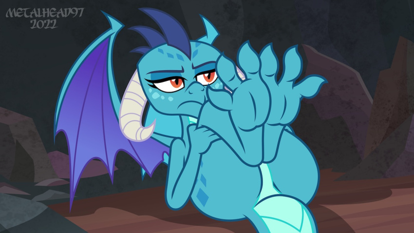 16:9 3_toes butt dragon dragon_land ember_(mlp) feet female hasbro holding_legs_up horn looking_unpleasured metalhead97 my_little_pony red_eyes solo toes widescreen wings