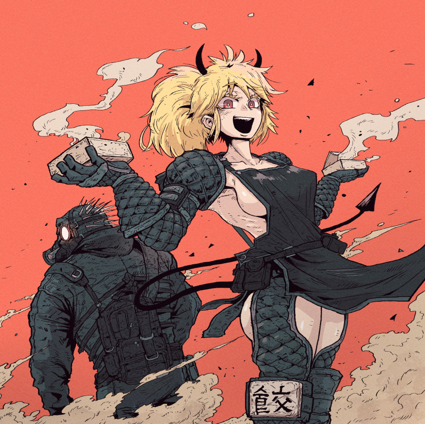 1boy 1girl :d absurdres apron ass ass_cutout bangs black_apron black_horns black_jacket black_pants black_tail blonde_hair box breasts caiman_(dorohedoro) clothing_cutout collarbone commentary crazy_eyes crazy_smile demon_girl demon_horns demon_tail dorohedoro dust_cloud from_behind gas_mask glowing glowing_eyes han_gong highres holding holding_box hood hooded_jacket horns jacket large_breasts looking_at_viewer looking_back mask messy_hair naked_apron nikaidou_(dorohedoro) open_mouth orange_background pants red_eyes ribs shrug_(clothing) sideboob simple_background smile spines standing tail teeth thigh_cutout translation_request upper_teeth