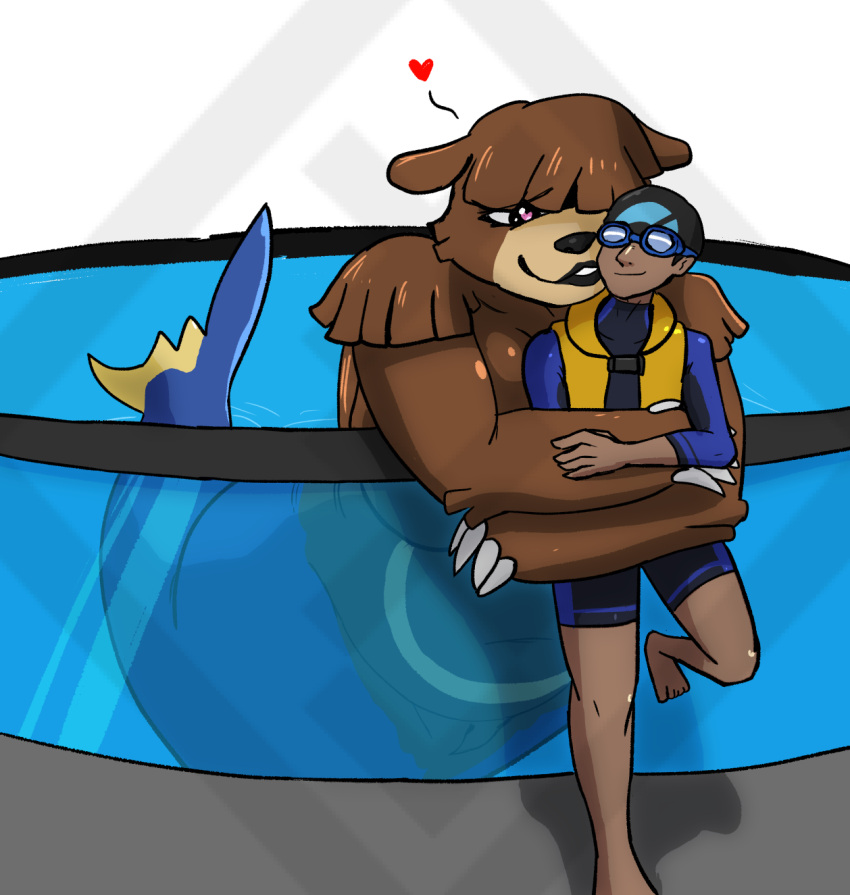 &lt;3 &lt;3_eyes against_surface anthro barefoot bear_claws bear_hug big_breasts black_nose blue_body blue_scales breasts brown_body brown_fur claws clothed clothing diamond_grenadier duo embrace eyewear feet female fur genitals goggles hi_res hug human lanturn lips male male/female mammal marine merfolk mermaid_tail nintendo not_furry nude on_glass pok&eacute;mon pok&eacute;mon_(species) pok&eacute;mon_trainer pool_(disambiguation) pussy safety_vest scales split_form swimming_cap swimming_goggles swimwear topwear ursaring ursid vest video_games water