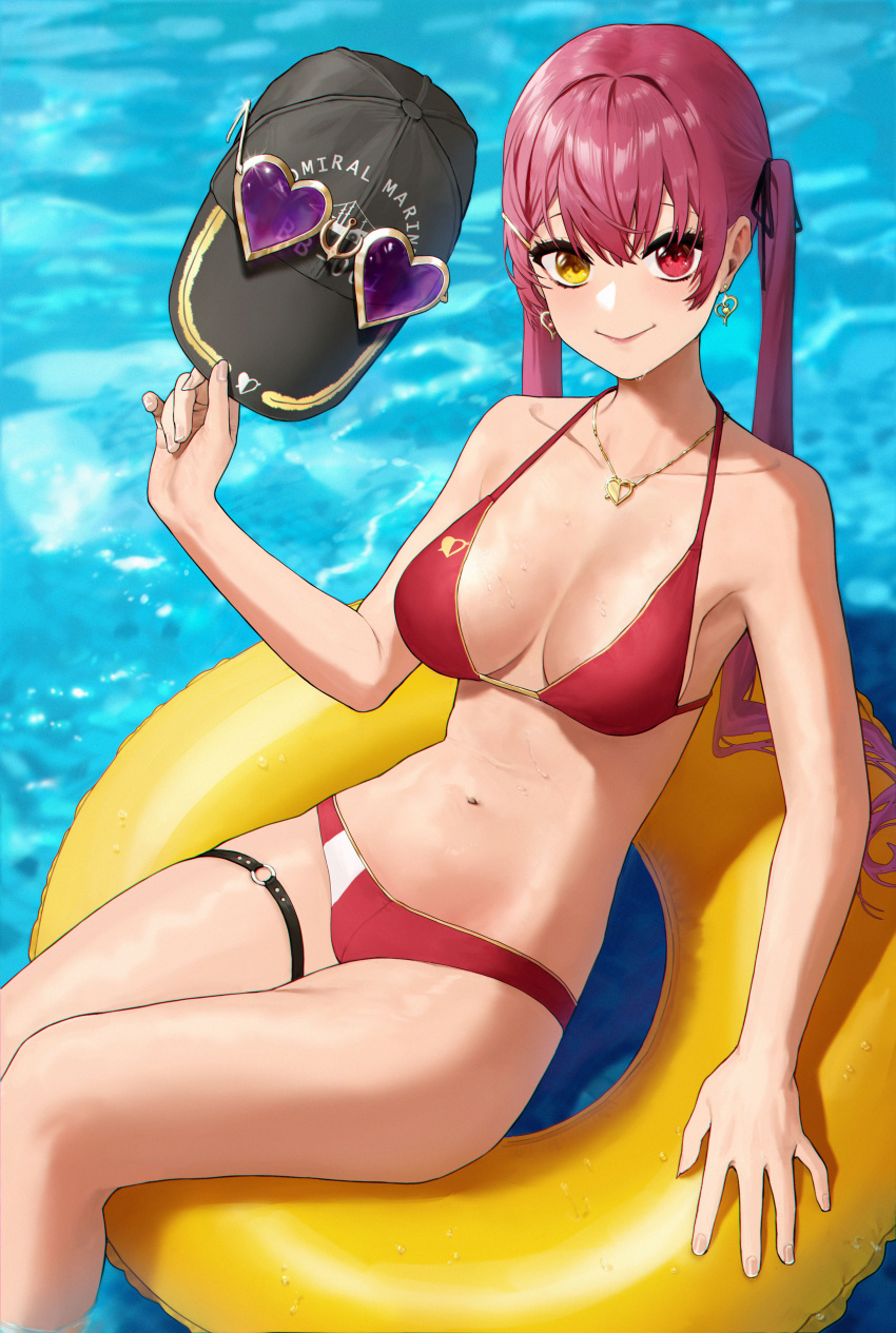 1girl absurdres afloat arrow_through_heart bare_arms bare_shoulders bikini black_headwear black_ribbon breasts brown-framed_eyewear cleavage closed_mouth clothes_writing collarbone earrings feet_out_of_frame hair_ribbon hat headwear_removed heart heart-shaped_eyewear heart_earrings heart_necklace heterochromia highres holding holding_clothes holding_hat hololive houshou_marine innertube jewelry kir_(khw66136132) large_breasts lipstick long_hair looking_at_viewer lying makeup navel o-ring on_back purple-tinted_eyewear red_bikini red_eyes red_hair ribbon smile soaking_feet stomach sunglasses swimsuit thigh_strap tinted_eyewear twintails very_long_hair virtual_youtuber water yellow_eyes