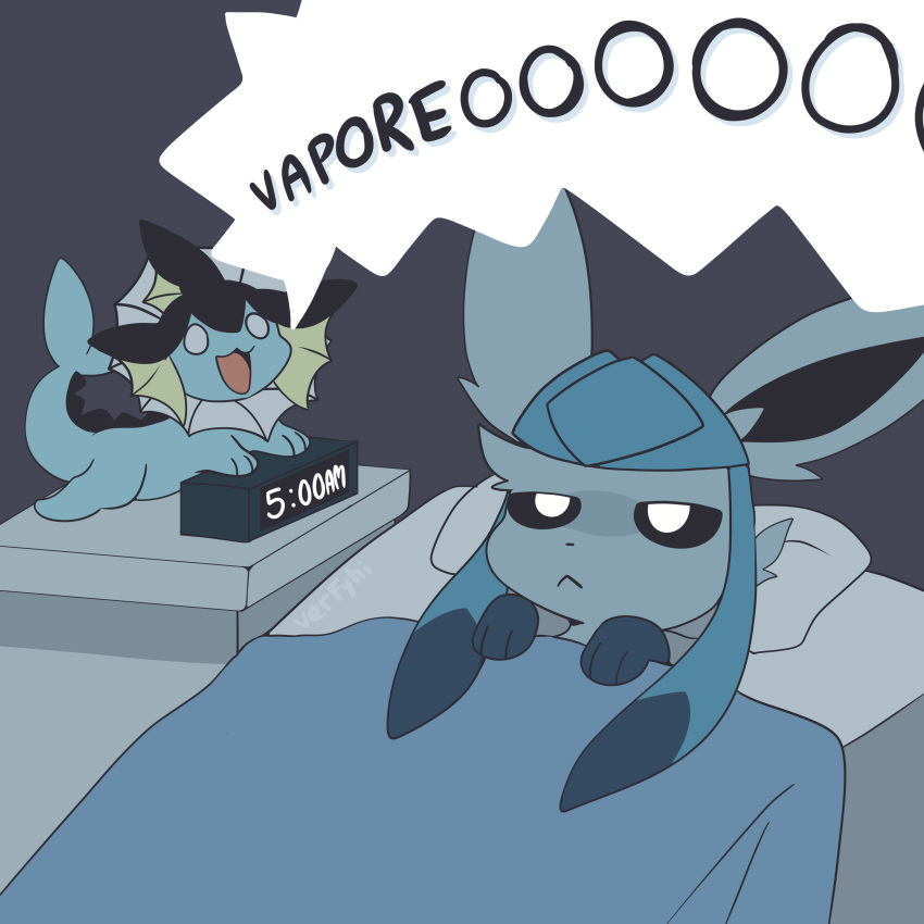 absurd_res ambiguous_gender bed blue_body blue_fur clock duo eeveelution english_text feral fur furniture glaceon hi_res nintendo on_bed pok&eacute;mon pok&eacute;mon_(species) satori_(verfyhi) simple_background speech_bubble text tired under_covers vaporeon video_games