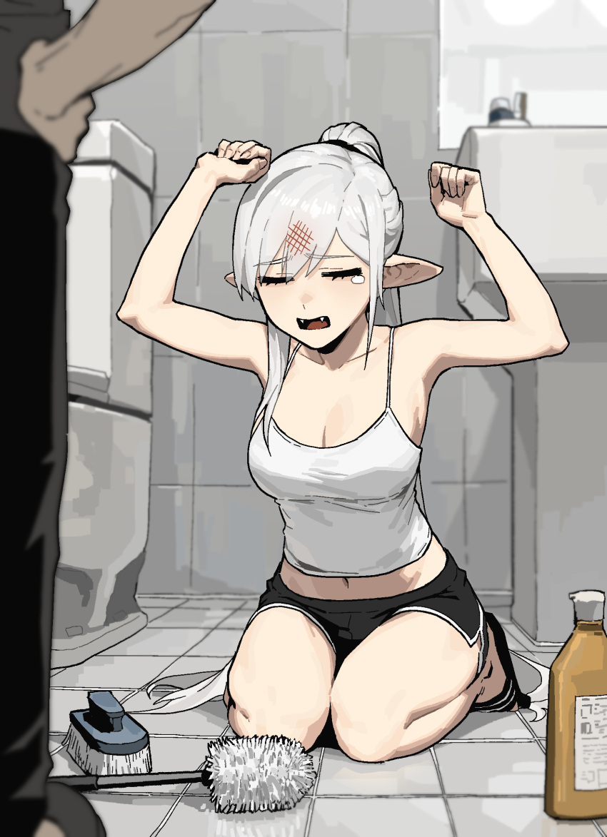 1girl absurdres arms_up bathroom black_shorts breasts bruise brush cleaning cleaning_brush cleavage crying gogalking hands_up highres injury kneeling original pointy_ears shorts sink tank_top toilet toilet_seat white_hair white_tank_top