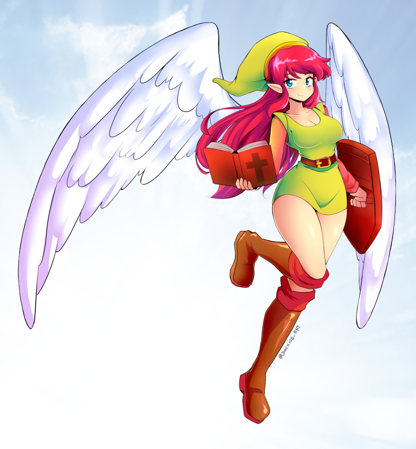 1girl absurdres artist_name bible blue_eyes boots breasts cleavage commentary dress flying genderswap genderswap_(mtf) green_dress green_headwear highres jarckius knee_boots link long_hair medium_breasts pink_hair pointy_ears shield smile solo the_legend_of_zelda very_long_hair white_wings wings zelda_ii:_the_adventure_of_link