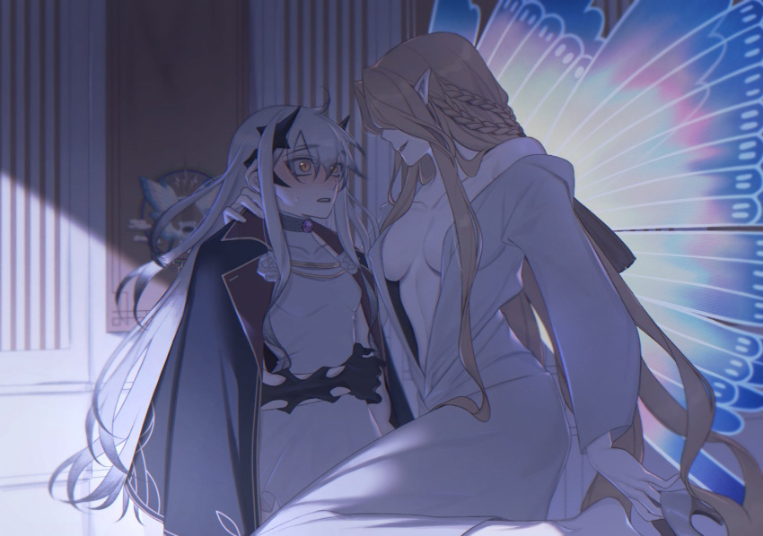 2girls aurora_(fate) barefoot blonde_hair breasts fairy_knight_lancelot_(fate) fate/grand_order fate_(series) hochikass long_hair multiple_girls open_clothes pointy_ears very_long_hair white_hair wings yellow_eyes yuri