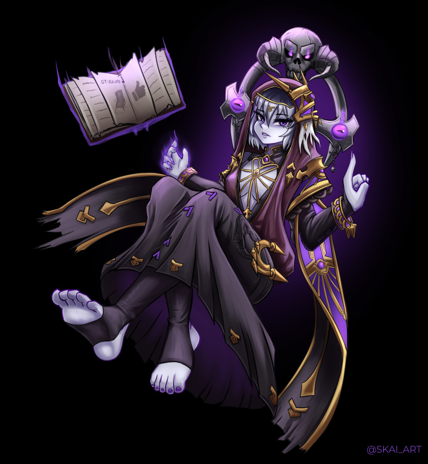 1girl absurdres artist_name black_background book breasts colored_skin cosplay dress feet floating floating_object granblue_fantasy grey_skin highres lich_(granblue_fantasy) lich_(granblue_fantasy)_(cosplay) lich_(monster_girl_encyclopedia) monster_girl_encyclopedia parted_lips purple_eyes short_hair simple_background skai_art small_breasts stirrup_legwear toeless_legwear white_hair