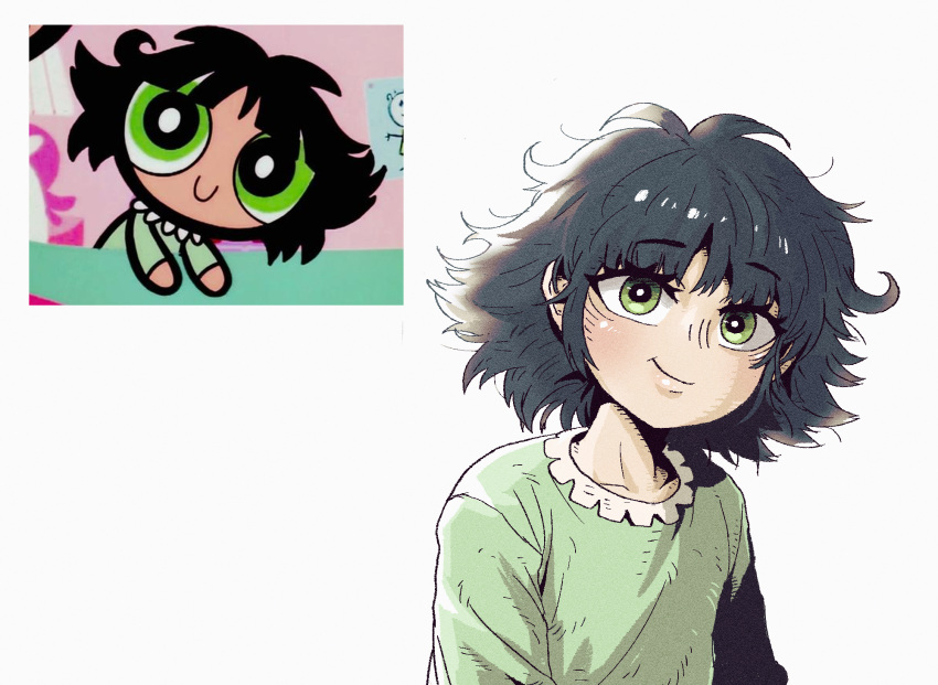 1girl animification black_hair buttercup_(ppg) collarbone commentary green_eyes green_pajamas han_gong highres inset looking_at_viewer messy_hair pajamas powerpuff_girls short_hair simple_background smile upper_body white_background