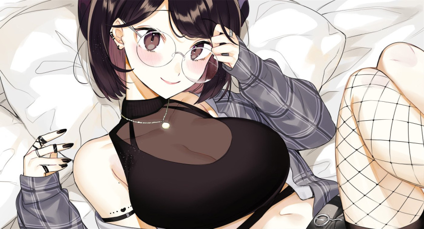 1girl bare_shoulders black_hair breasts cleavage ear_piercing earclip fishnets glasses jacket jewelry kotobuki_(medetai) large_breasts lying midriff nijisanji off_shoulder official_alternate_costume on_back piercing ring seto_miyako short_hair smile virtual_youtuber