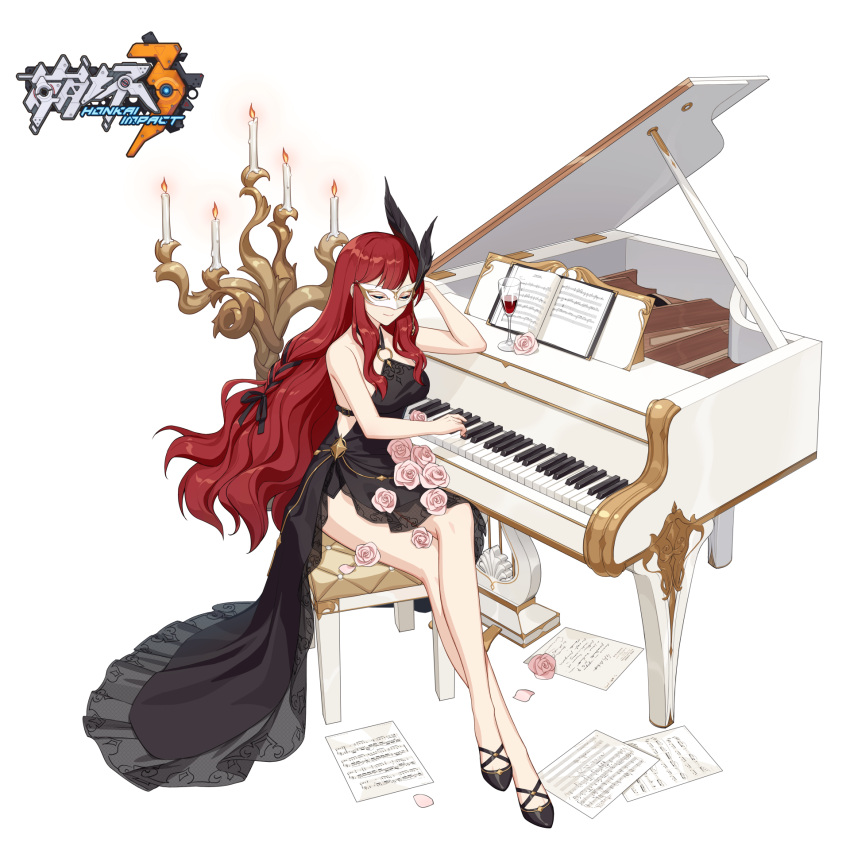 1girl alcohol bangs black_dress black_footwear candle chair closed_eyes closed_mouth cup dress drinking_glass flower full_body hair_ornament handel_(honkai_impact) high_heels highres honkai_(series) honkai_impact_3rd instrument mask official_art paper piano pink_flower red_hair simple_background sitting solo strapless strapless_dress white_background wine wine_glass