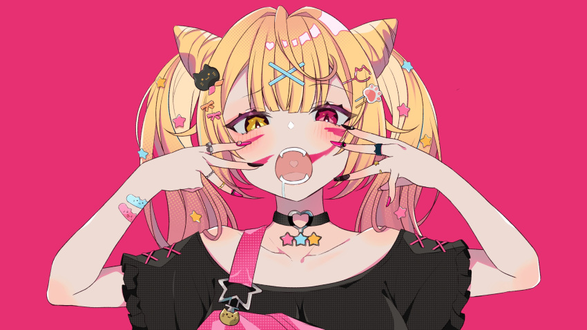 1girl animal_(vocaloid) bandaid bandaid_on_arm bangs bare_shoulders black_choker black_nails black_shirt blonde_hair blush bow cat_hair_ornament choker collarbone commentary_request drooling eyebrows_visible_through_hair facial_mark fangs hair_bow hair_cones hair_ornament hairclip heart heart_choker heterochromia highres hoshikawa_sara kakyoxx looking_at_viewer nail_polish nijisanji off_shoulder official_art open_mouth paw_hair_ornament pink_background pink_eyes pink_nails saliva second-party_source shirt simple_background solo star_(symbol) star_hair_ornament twintails virtual_youtuber x_hair_ornament yellow_eyes