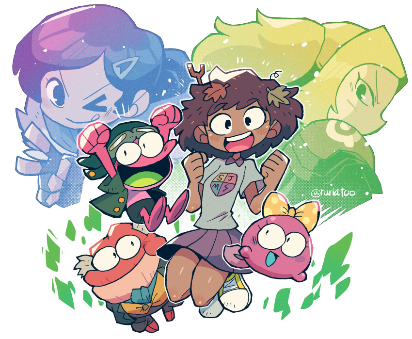 2boys 4girls ;q absurdres amphibia anne_boonchuy armor black_hair blonde_hair bow brown_hair dark-skinned_female dark_skin fingerless_gloves frog_boy frog_girl gloves goggles goggles_on_head hair_bow hair_ornament hairclip hat highres hopediah_plantar leaf leaf_on_head licking_lips looking_at_viewer looking_back marcy_wu multiple_boys multiple_girls one_eye_closed pleated_skirt polly_plantar ponytail rariatto_(ganguri) sasha_waybright scar scar_on_face school_uniform shoulder_armor skirt smile sprig_plantar stick tongue tongue_out v