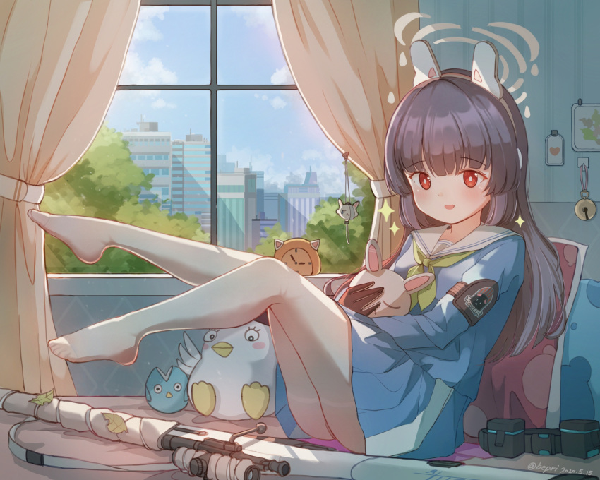 1girl :d akizuki_kawakaze animal_ears armband bangs bell belt belt_removed black_belt black_gloves black_hair blue_archive blue_serafuku blue_shirt blue_skirt blunt_bangs blush bolt_action bright_pupils building charm_(object) chinese_commentary cityscape clock cloud commentary curtains dated day eyebrows_visible_through_hair fake_animal_ears feet_up full_body gloves green_neckerchief gun halo heart highres hime_cut indoors jingle_bell leaf long_hair long_sleeves looking_at_viewer miyu_(blue_archive) mosin-nagant neckerchief no_shoes object_hug on_bed open_mouth pantyhose pillow pleated_skirt rabbit_ears raised_eyebrows red_eyes rifle sailor_collar school_uniform serafuku shirt signature sitting skirt sky smile sniper_rifle solo sparkle stuffed_animal stuffed_bird stuffed_bunny stuffed_toy tree twitter_username wallpaper_(object) weapon white_legwear white_pupils white_sailor_collar window