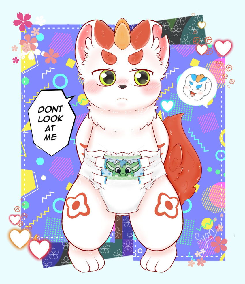 3_toes abuniverse ambiguous_gender anthro asian_mythology bixie_(fabulous_beasts) black_nose blue_body blue_fur blush blush_lines border chinese_mythology clean_diaper clothed clothing cutaway dialogue diaper diaper_only duo east_asian_mythology embarrassed english_text expression_cutaway eyes_closed fabulous_beasts feet floral_markings full-length_portrait fur hands_behind_back head_horn heart_symbol hi_res horn markings mike_anakin multicolored_body multicolored_fur mythology notched_ear open_mouth open_smile peekabu pink_inner_ear pixiu portrait red_body red_fur red_tail signature smile speech_bubble standing tail text tianlu_(fabulous_beasts) toes topless wearing_diaper white_body white_border white_fur