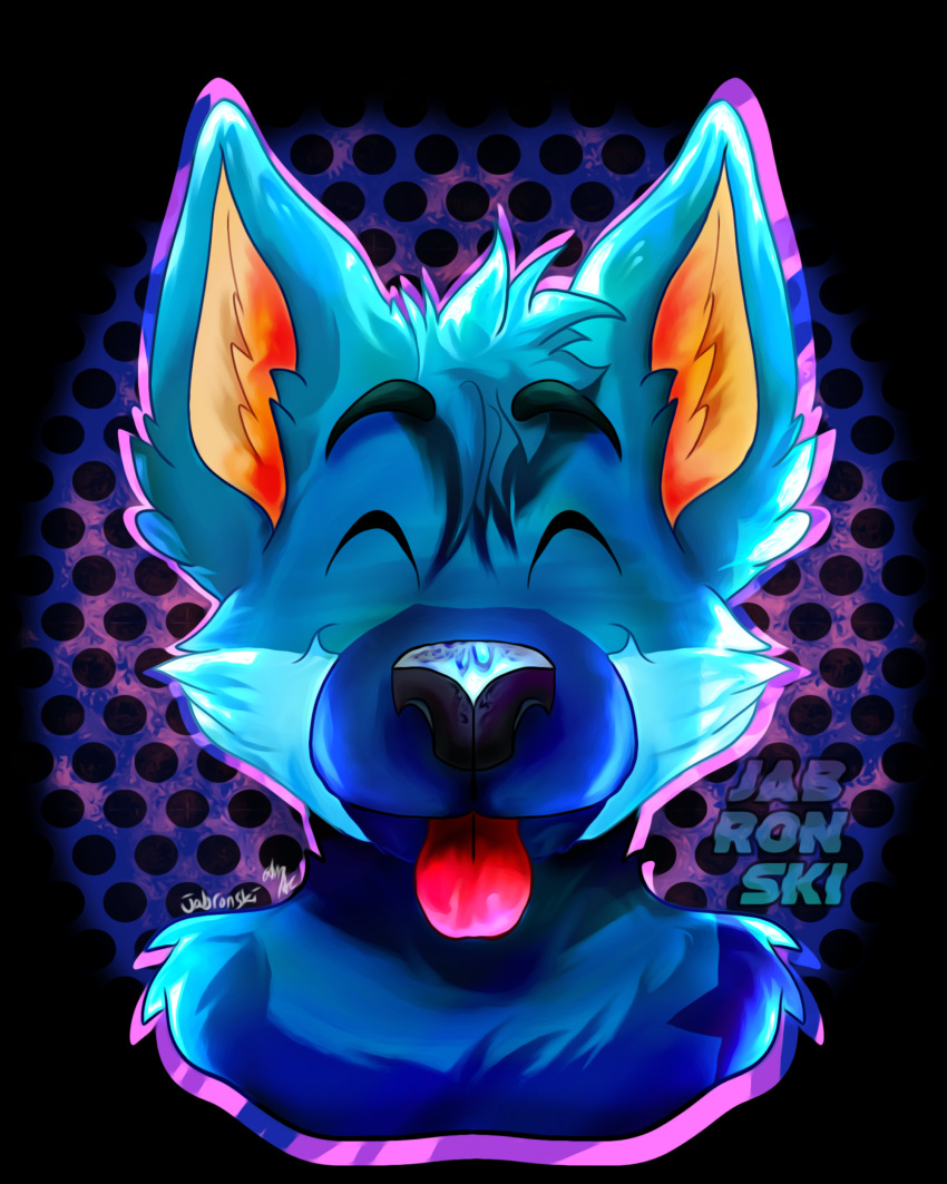 absurd_res anthro blue_body blue_fur blue_hair bust_portrait canid canine eyes_closed folfy_blue fur hair hi_res hybrid jabronski male mammal neon_lights portrait profile_icon profile_picture simple_background smile smiling_at_viewer solo tongue tongue_out