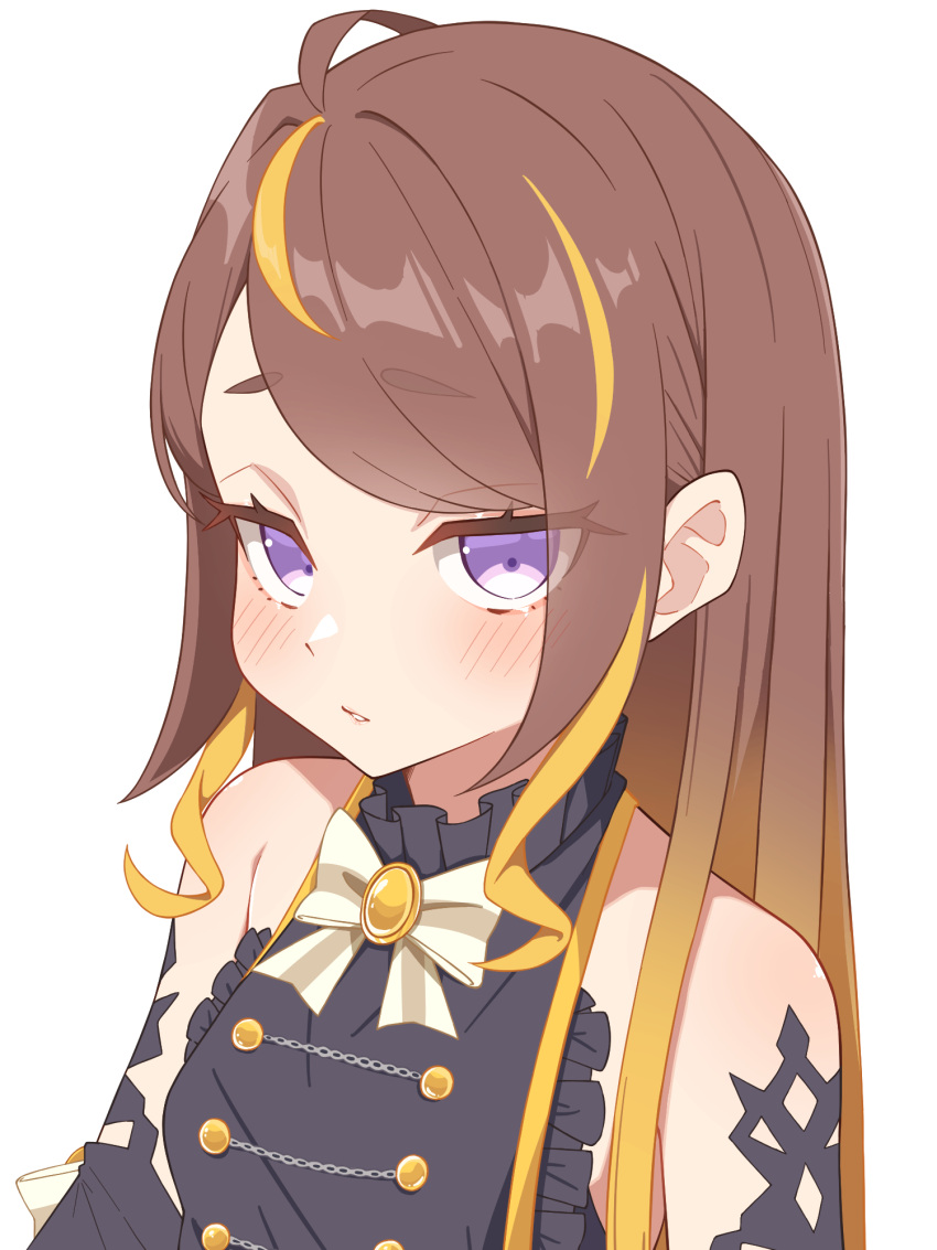 1girl ahoge alternate_hairstyle anya_melfissa anya_melfissa_(1st_costume) aobara_hairi bare_shoulders blonde_hair blunt_bangs brown_hair gradient_hair highres hololive hololive_indonesia light_blush long_hair looking_at_viewer multicolored_hair open_mouth simple_background streaked_hair two-tone_hair upper_body white_background