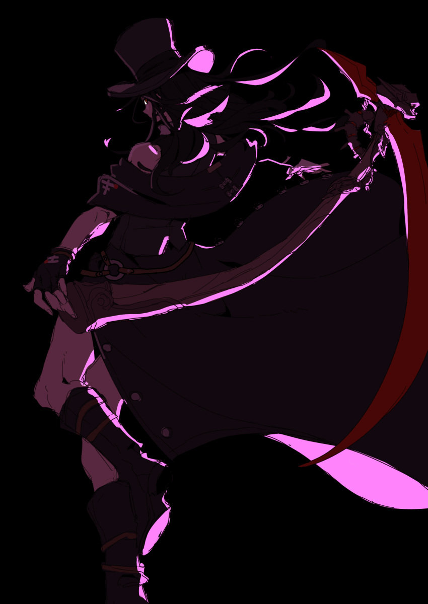 1other absurdres androgynous bare_shoulders black_hair boots choker fingerless_gloves gloves guilty_gear guilty_gear_strive hat highres long_hair makai red_eyes scythe skirt skull solo testament_(guilty_gear) top_hat