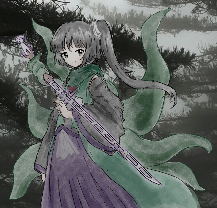 1other adagumo_no_yaorochi androgynous bare_shoulders black_hair black_kimono black_sleeves blunt_bangs bottle_opener closed_mouth cloud cloudy_sky coat day detached_sleeves dot_nose double-parted_bangs expressionless eyelashes feet_out_of_frame forest glowing glowing_sword glowing_weapon green_coat green_scarf grey_eyes hair_ornament hair_scrunchie hakama highres holding holding_sword holding_weapon japanese_clothes jinbaori kimono len'en light_blush light_frown long_hair long_sleeves looking_at_viewer multiple_tails nature other_focus outdoors pahelysium pom_pom_(clothes) prehensile_tail purple_hakama red_scarf scarf scrunchie short_kimono side_ponytail sky sleeveless sleeveless_kimono snake_tail solo sword sword_of_kusanagi tail tasouken weapon white_scrunchie wide_sleeves