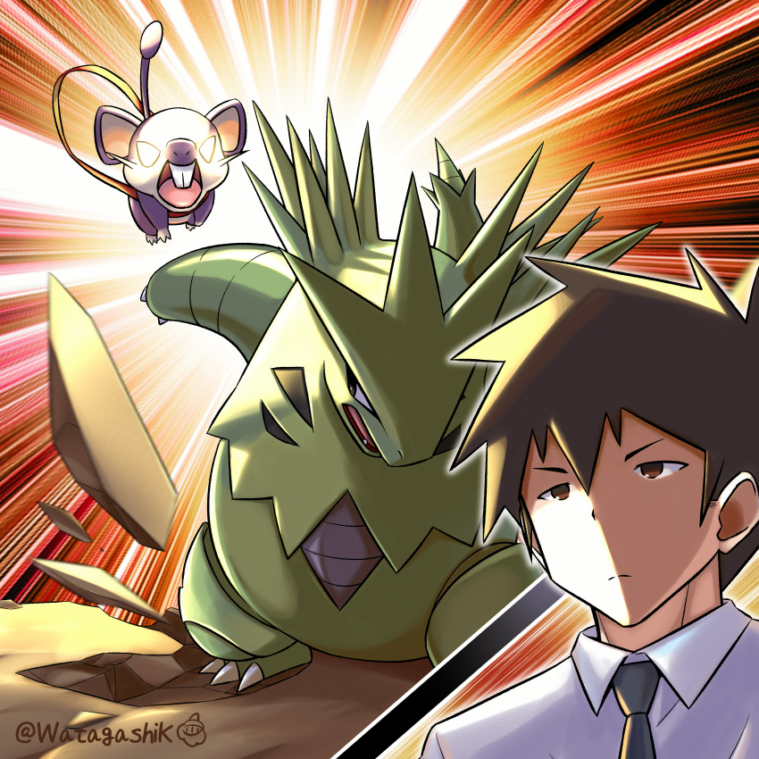 1boy absurdres aharen-san_wa_hakarenai bangs black_necktie blurry brown_eyes brown_hair closed_mouth collared_shirt commentary_request crossover gameplay_mechanics highres male_focus matsuboshi_raidou necktie pokemon pokemon_(creature) pokemon_battle rattata rock shirt short_hair spiked_hair split_mouth twitter_username tyranitar watagashikn white_shirt