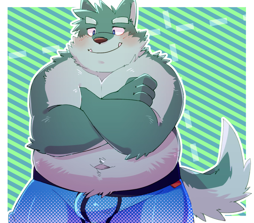 2022 anthro belly big_belly blush bulge canid canine clothing cute_fangs green_bell hi_res humanoid_hands kemono male mammal navel overweight overweight_male solo underwear