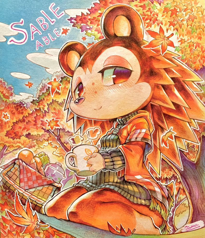 animal_crossing anthro autumn basket blush bottomless bottomless_anthro bottomless_female bread brown_body brown_fur character_name clothed clothing container cup eulipotyphlan female food forest fur hedgehog hi_res leaf mammal narrowed_eyes nintendo outside picnic picnic_basket plant sable_able sitting smile smiling_at_viewer solo sweater topwear traditional_media_(artwork) tree unknown_artist video_games