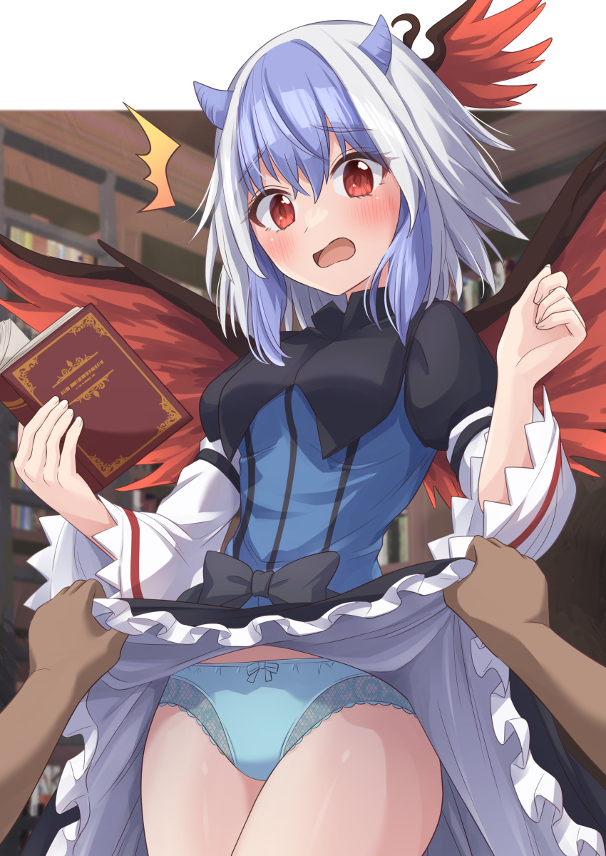 1girl absurdres blue_panties blush bow bow_panties clothes_lift commentary_request eyebrows_visible_through_hair highres lifted_by_another looking_at_viewer panties ramie_(ramie541) red_eyes shiny shiny_skin short_hair skirt skirt_lift surprised thighs tokiko_(touhou) touhou underwear wings