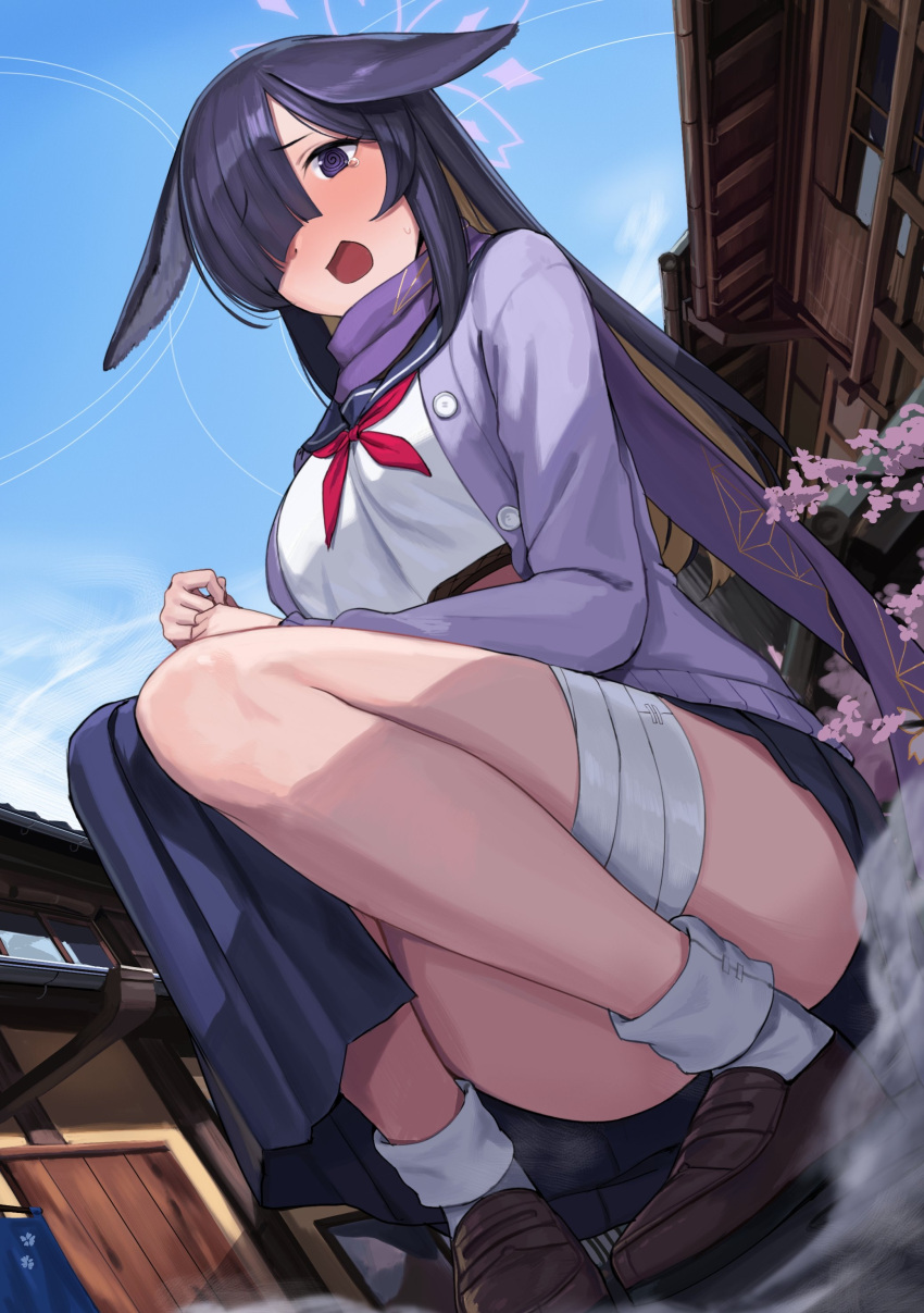 1girl @_@ absurdres ass bandaged_leg bandages blonde_hair blush brown_footwear cardigan convenient_leg hair_over_one_eye highres kuro_(zhurunbo1997) loafers long_hair looking_at_viewer multicolored_hair neckerchief open_mouth original outdoors pleated_skirt purple_cardigan purple_eyes purple_hair purple_scarf red_neckerchief sailor_collar scarf school_uniform shirt shoes skirt socks solo squatting sweatdrop tearing_up thighs two-tone_hair white_shirt