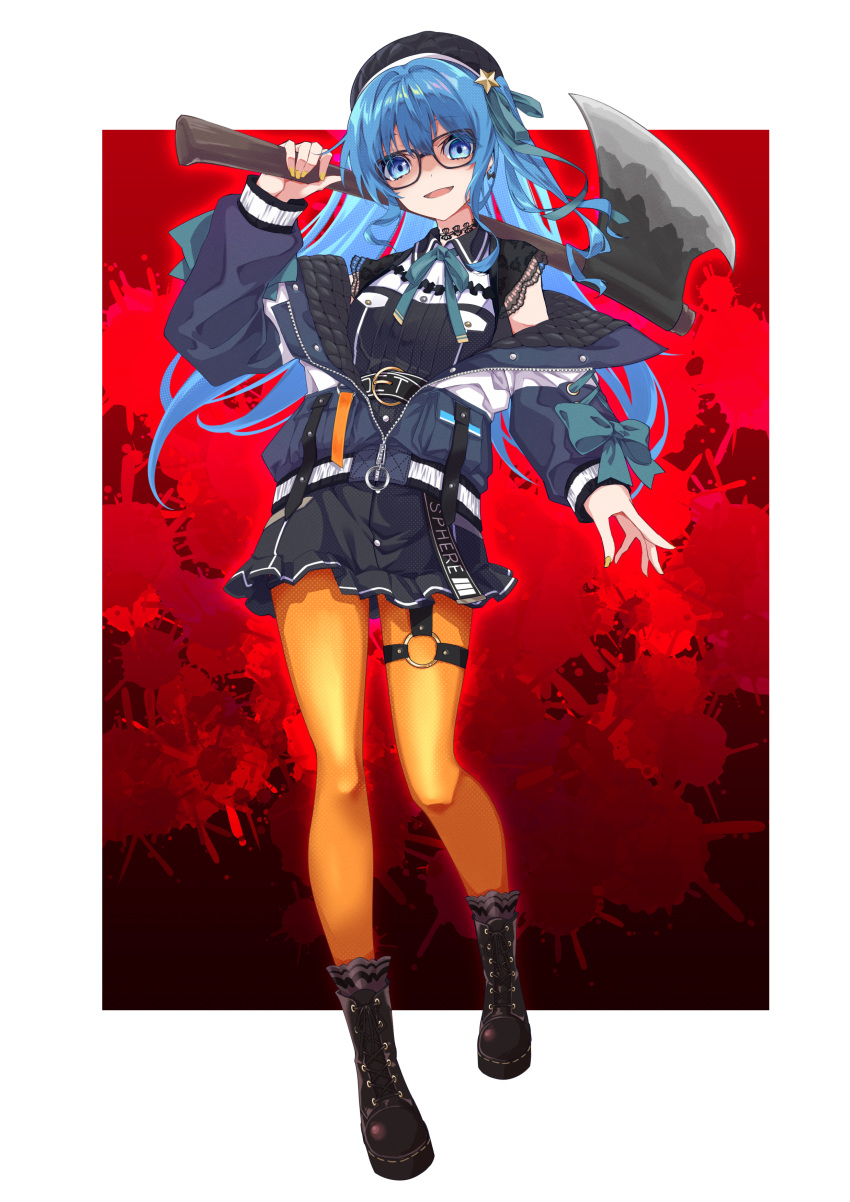 1girl absurdres axe bangs black_footwear black_headwear black_shirt black_skirt blue_bow blue_eyes blue_hair blue_jacket blue_ribbon boots bow bow_earrings earrings eyebrows_visible_through_hair full_body hair_ribbon hat highres hiyashinssu holding holding_axe hololive hoshimachi_suisei jacket jewelry long_hair neck_ribbon open_mouth orange_legwear pantyhose partially_unzipped ribbon shaded_face shirt skirt smile solo star_(symbol) star_in_eye symbol_in_eye thigh_strap thighhighs virtual_youtuber yellow_nails