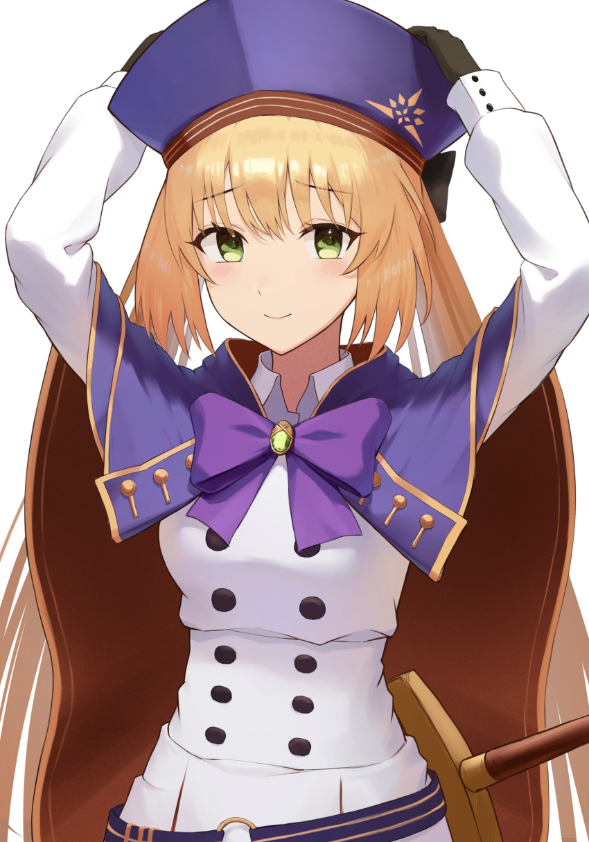 1girl absurdres artoria_caster_(fate) artoria_caster_(second_ascension)_(fate) artoria_pendragon_(fate) bangs black_gloves blonde_hair blue_headwear blush buttons cloak eyebrows_visible_through_hair fate/grand_order fate_(series) gloves green_eyes hat highres light_blush long_hair long_sleeves looking_at_viewer mimihachi simple_background skirt smile solo