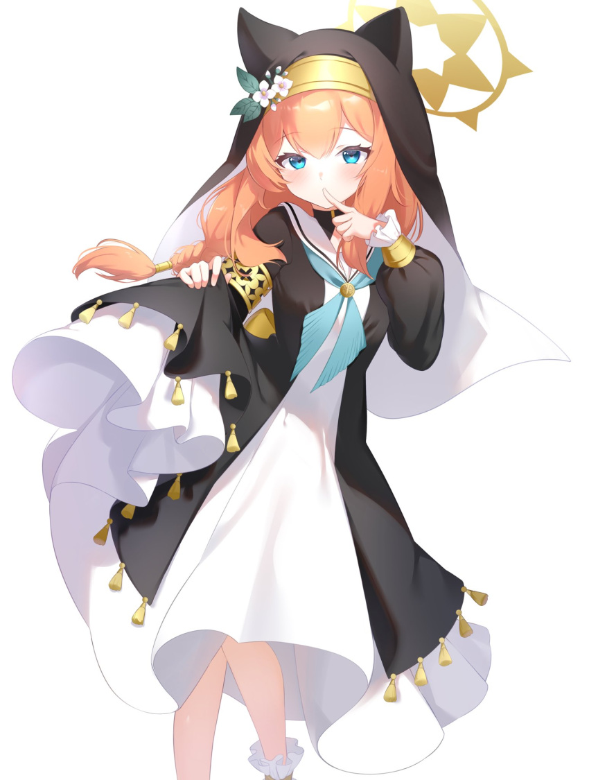 1girl animal_ear_headwear aoitsuki blue_archive blue_eyes blue_neckerchief blush braid feet_out_of_frame finger_to_mouth flower frills habit hair_tubes halo hat hat_flower highres index_finger_raised long_hair looking_at_viewer mari_(blue_archive) neckerchief nun orange_hair puffy_sleeves sailor_collar simple_background single_braid skirt_hold solo tassel white_background white_flower white_sailor_collar