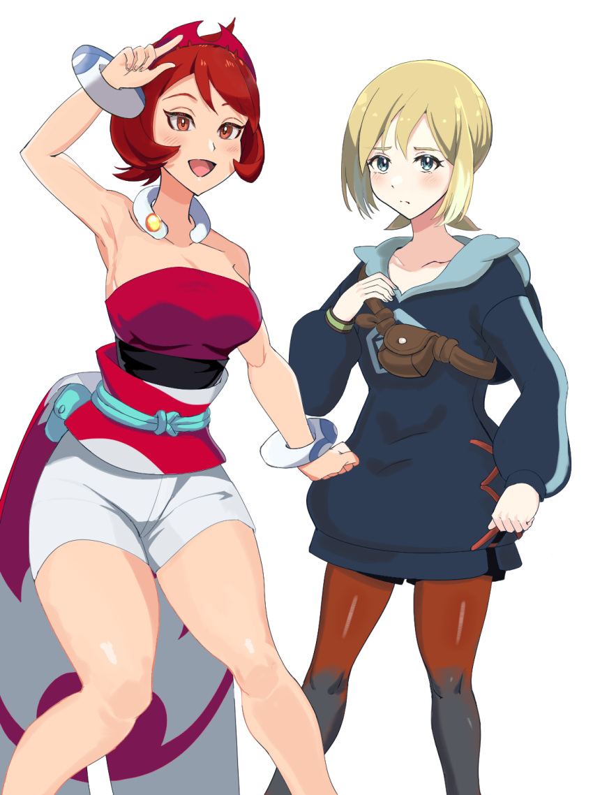 alternate_costume arezu_(pokemon) arezu_(pokemon)_(cosplay) bare_legs blonde_hair blue_eyes blue_hoodie blush breasts collon cosplay costume_switch diamond_clan_outfit galaxy_expedition_team_survey_corps_uniform gradient gradient_legwear highres hood hoodie irida_(pokemon) irida_(pokemon)_(cosplay) legwear_under_shorts pantyhose pearl_clan_outfit pokemon pokemon_(game) pokemon_legends:_arceus red_eyes red_hair short_hair shorts strapless two-tone_legwear user_fhyv4575 white_shorts