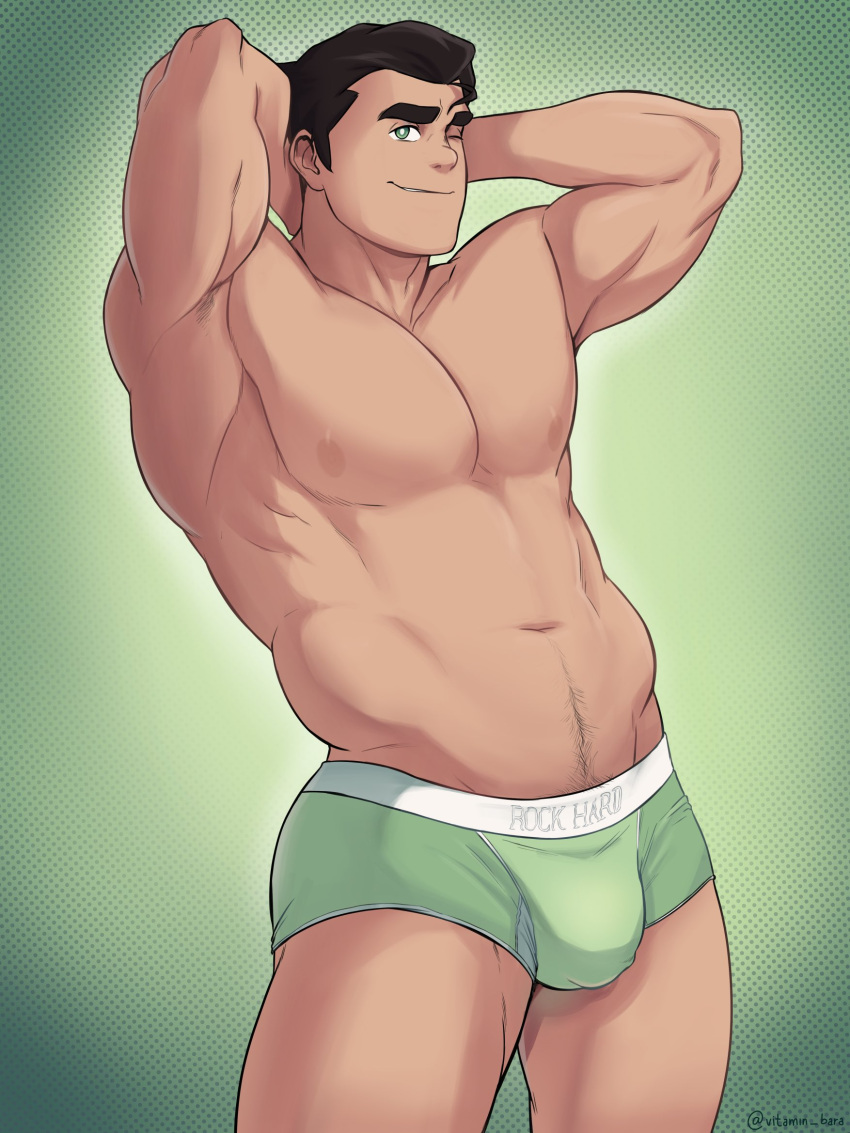 1boy arms_behind_head avatar_(series) bara black_hair bolin briefs closed_mouth green_eyes green_male_underwear highres large_pectorals male_focus male_underwear muscular muscular_male nipples one_eye_closed pectorals short_hair smile solo the_legend_of_korra thick_eyebrows thick_thighs thighs twitter_username underwear vit_(vitamin_bara)